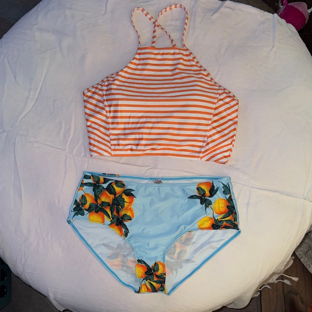 Striped Orange Halter Bikini Top with Light Blue Citrus-Print Bottoms
